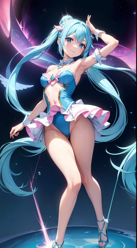 Super Idol　a beauty girl　A charming smile　sky blue hair　length hair　Twin-tailed　Leotard with shining bright white and yellow and pink and blue skin. Mystical　Fantasia　constellation　a moon　Crystal Brilliance　Aurora Borealis in the Night Sky