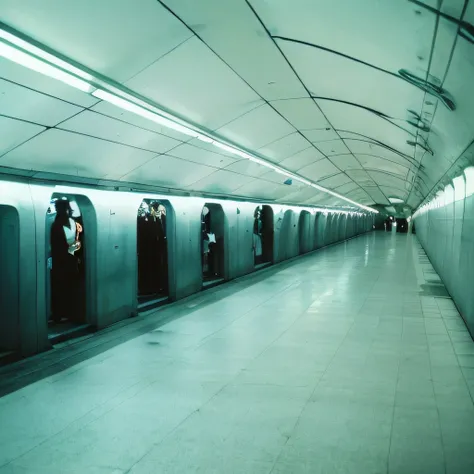 masterpiece, best quality,scenery,film grain,high saturation,vintage,liminal space, walkway,underground metro,there is no one there,empty metro station,adds on walls,liminal