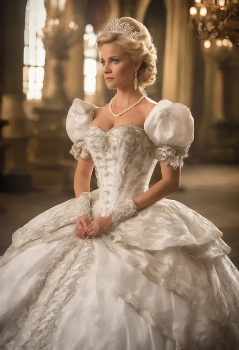 A stunningly beautiful blonde fairytale Princess Reese Witherspoon shining with Royal Pomp and Regal Splendor, wearing a Stately and (((Elaborate))) Royal Cinderella Ballgown of Silver and White Brocade, with (((enormous puffed sleeves))) a stiffly boned, ...