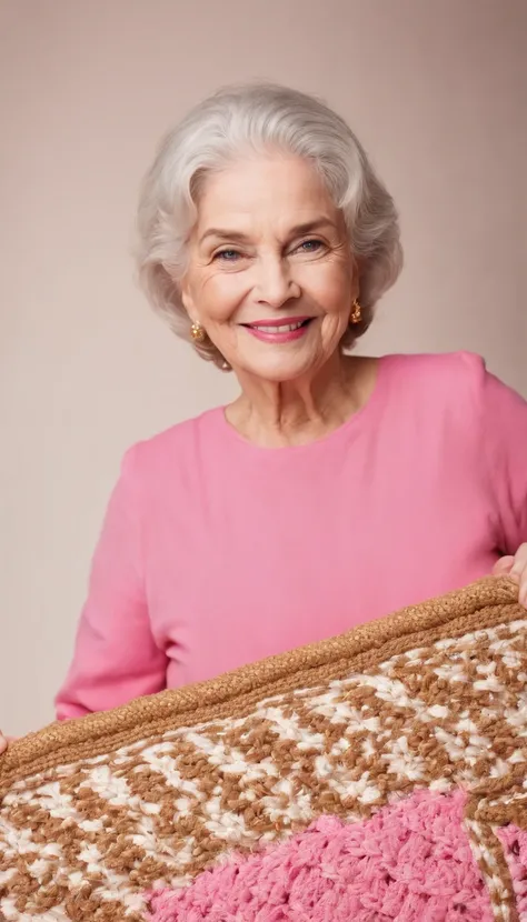 (full-body portrait of beautiful grannies smiling like a 70-year-old first lady), (holding a GOLD crochet rug equal to gold and pink(pink) with her hands, detalhado:1.3), (rosto altamente detalhado:1.4), (8k, UHD, DSLR, de alta qualidade, cinematic lighthi...