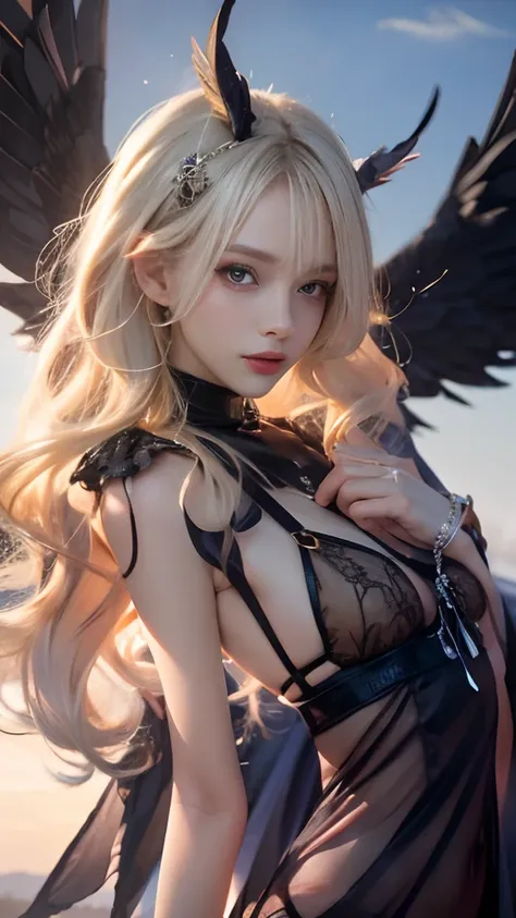 8K, Raw photo, Photorealistic, (Detailed skin, Best Quality:1.2), seductive succubus, (black wings), Teenage girl with black angel wings flying high in the evening sky, ((black lingerie)), (((Small chest:1.1))), (blonde long hair:1.3, wavy hair), (Baby fac...