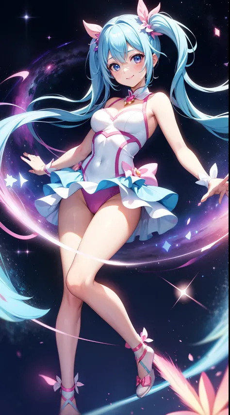 Super Idol　a beauty girl　A charming smile　sky blue hair　length hair　Twin-tailed　Bright white and pink bright sexy leotard outfit　Fantasia　constellation　a moon　Crystal Brilliance　Aurora Borealis in the Night Sky