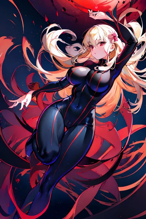 Anime style　a blond　Black full body suit　Red lines all over the body　huge tit　Big ass　Whip thighs　succubus　hypnotized