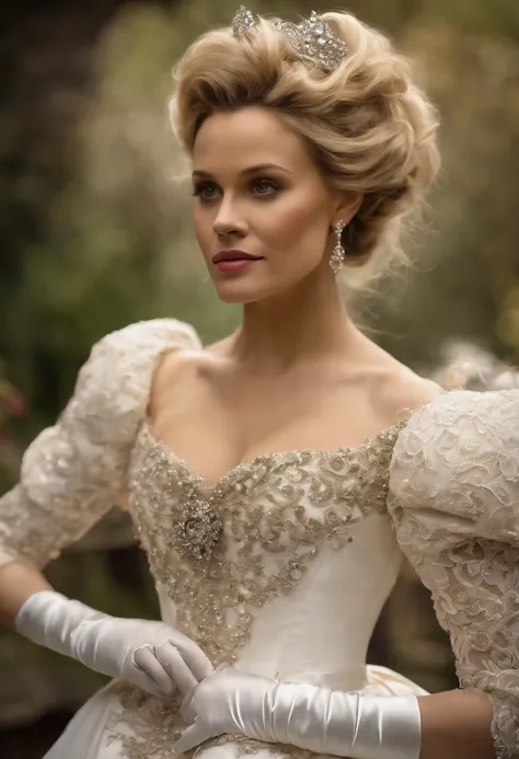 A stunningly beautiful blonde fairytale Princess Reese Witherspoon shining with Royal Pomp and Regal Splendor, wearing a Stately and (((Elaborate))) Royal Cinderella Ballgown of Silver and White Brocade, with (((enormous puffed sleeves))) a stiffly boned, ...