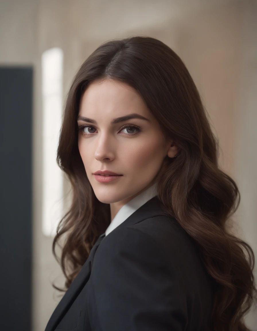 a photo of : Realistic brunette woman, Long wavy hair, Officer attire, Black suit oval face in office with face facing forward