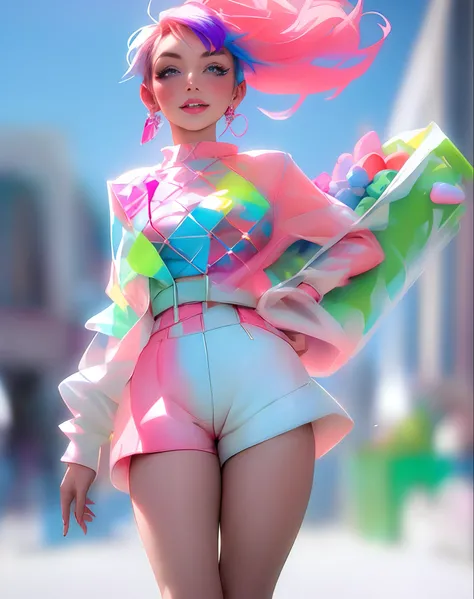 a close up of a person with colorful hair, inspired by Mandy Jurgens, with soft pink colors, realistically rendered clothing, tiktok, real-life brook, sculpted out of candy, no watermark signature, a full-color airbrushed, art of silverfox, sussy baka