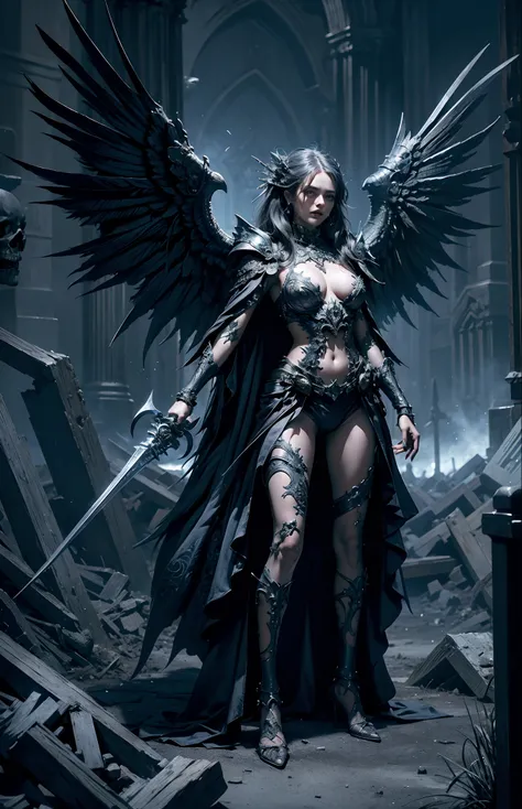 (extremely detailed 8k wallpaper),a full body shot photo of a fearful undead female necromancer holds in left hand a mace with a skulltop and in the right hand she holds a shield,2 Wings, intricate, high detail, dramatic,