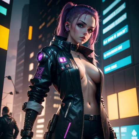 Cyberpunk Girl, Beautiful woman, hohe details, beeindruckende Details, Cyberpunk Umgebung, werkstatt im Hintergrund,