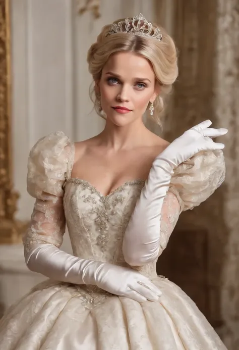 A stunningly beautiful blonde fairytale Princess Reese Witherspoon shining with Royal Pomp and Regal Splendor, wearing a Stately and (((Elaborate))) Royal Cinderella Ballgown of Silver and White Brocade, with (((enormous puffed sleeves))) a stiffly boned, ...