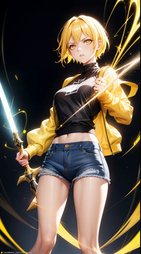 Woman, Baddas stare,Hold a yellow sword with a yellow lightning emblem,  yellow short hair, yellow eyes, yellow short shirt, black hotpants jeans, black Jacket sweater ,HD lighting and dark )<=(epic image quality)dark atmosphere with bright particle light(...