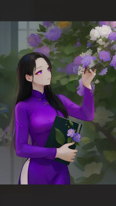 arafed woman in a purple dress holding a book and flowers, ao dai, with flowers, dressed in purple, vietnamese woman, in style of lam manh, with beautiful colors, purple top, lovely woman, purple outfit, purple color, an asian woman, purple dress, mai anh ...