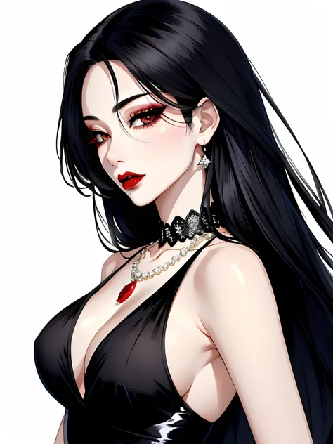 1girl in, 独奏, jewelry, black hair, necklace, red-lips, long hair, covered eyes, lipstick, makeup, upper-body, closed mouth, черн...