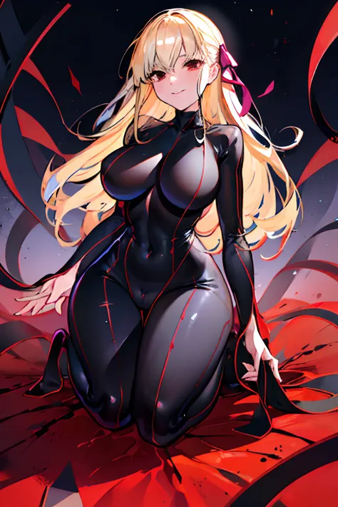 a blond　Black full body suit　Red lines all over the body　huge tit　Big ass　Whip thighs　seductiv　a smile　succubus　Sit up