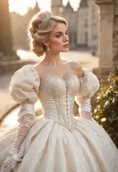 A stunningly beautiful blonde fairytale Princess shining with Royal Pomp and Regal Splendor, wearing a Stately and (((Elaborate))) Royal Cinderella Ballgown of Silver and White Brocade, with (((enormous puffed sleeves))) a stiffly boned, padded and corsete...