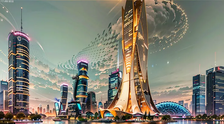 Enter a fascinating vision of the future through captivating futuristic images of the city of Shanghai. The towering giant skyscraper is decorated with gold ornaments and a smooth glass curtain wall，pierce the sky, The vibrant lights of the city that never...