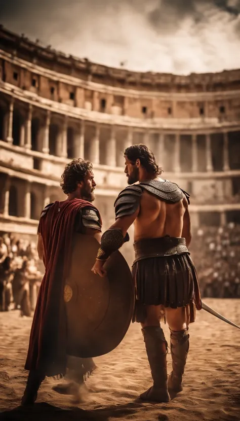 dois gladiadores romanos se enfrentando dentro do coliseu.