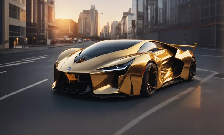 a close up of a gold colored sports car driving down a street, futuristic precious metals, render of futuristic supercar, supercar, futuristic product car shot, concept car, very futuristic, futuristic cars, futuristic concept car, futuristic chrome vehicl...