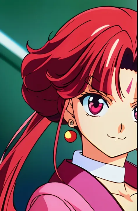 (80s anime style), ​masterpiece, top-quality, ighly detailed, 独奏, (:3:0.9), ((Unique design)), (((Unique hairstyle)))red blush , gradients, looking at the viewers, a smile, 独奏,((haunted)),