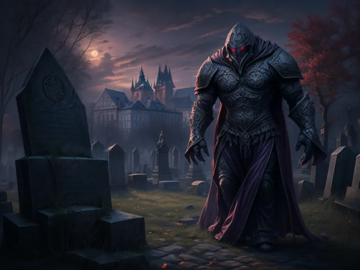 Dark fantasy art, Dark RPG art, (best detailed : 1.5), (best quality,ultra-detailed),(fantasy,imaginary) of the Golem in Prague guarding the Jewish cemetery at night, an epic clay Golem, massive body, Glowing Purple Eyes, massive arms, he is standing in th...