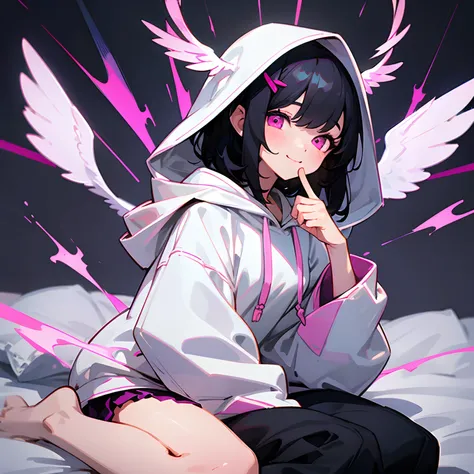 Beautiful illustration、top-quality、girl with、Black hair、shorth hair、hair adornments、White hoodie with hood、Pink eyes、A slight smil、(((Delicat eyes)))、sit on a bed