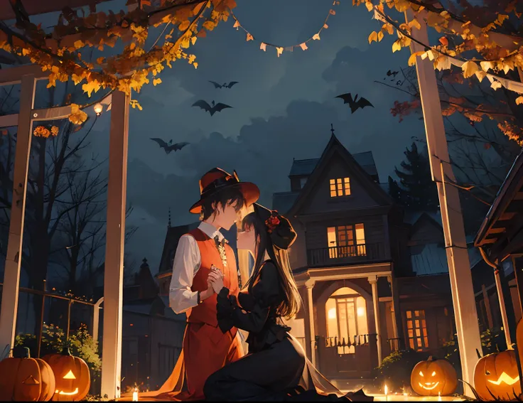 A couple during halloween, romantic atmosphere, happy atmosphere, landscape