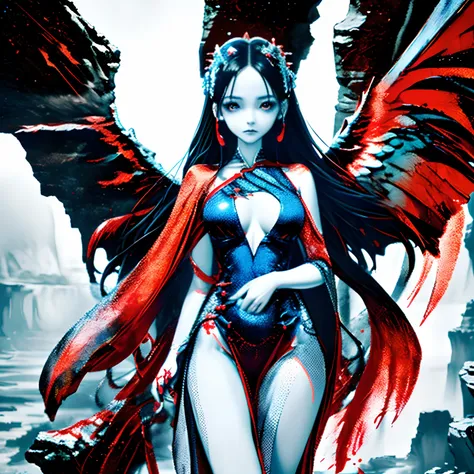 Black and white and blue and red,(Best Quality, Ultra-detailed, High resolution, extremely details CG),Wide Shot,The dead angel stands on the edge of the cliff,She is so beautiful,She likes blood and the sea,Bloody Rain, Mystical,cultist, Convoluted, Surre...