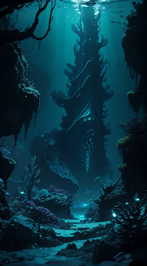 The Leviathan emerging from the darkness of the trench,bioluminescent organisms,mesmerizing and mysterious ambiance,(best quality,4k,8k,highres,masterpiece:1.2),ultra-detailed,(realistic,photorealistic,photo-realistic:1.37),underwater,textured,shimmering l...