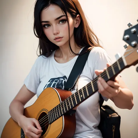 Top quality, 1 beautiful woman, playing the guitar,  age 28, white T-shirts, 35mm lens, f/1, cowboy shot, (white background: 1.3)