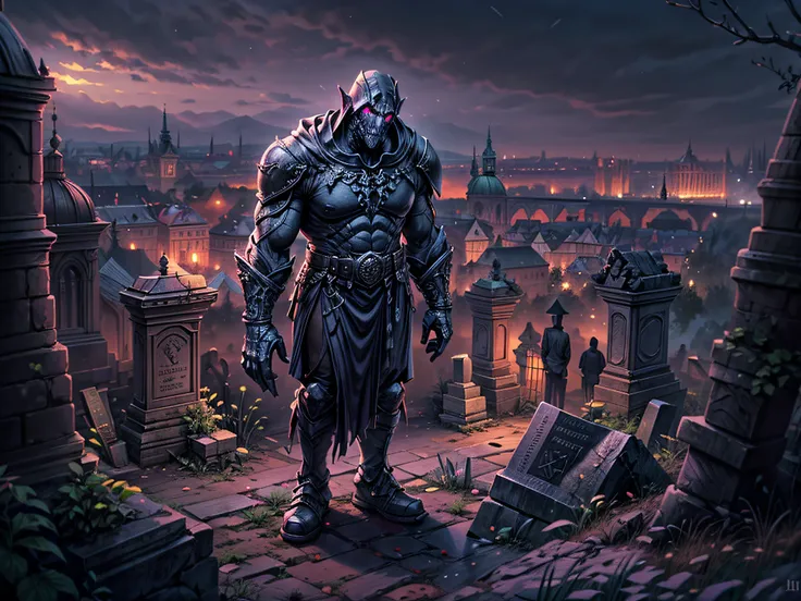 Dark fantasy art, Dark RPG art, (best detailed : 1.5), (best quality,ultra-detailed),(fantasy,imaginary) of the Golem from Prague guarding the Jewish cemetery at night, an epic clay Golem, massive body, Glowing Purple Eyes, massive arms, he is standing in ...