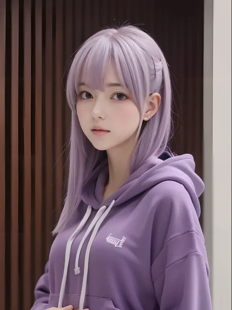 (Best Quality, masutepiece:1.2), 1 girl, Solo, ashen hair,Eyes with beautiful details,(Purple hoodie),The upper part of the body,Black tie,Bangs,ear