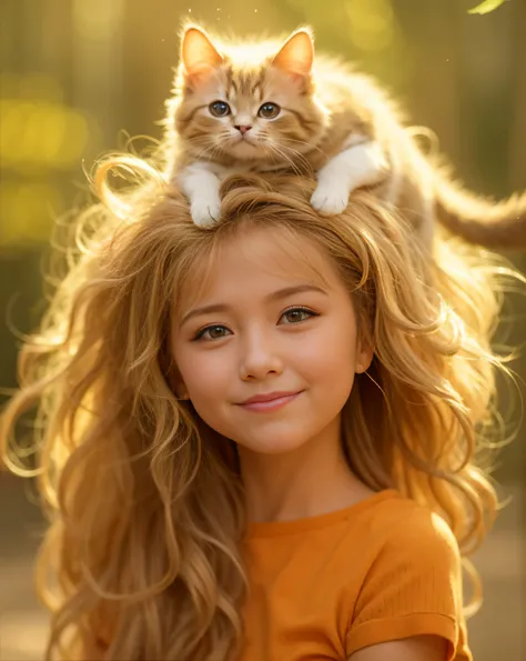 Theres a little girl with a cat on her head, adorable digital painting, very beautiful cute catgirl, Beautiful young girl with cat, realistic cute girl painting, Cute digital art, cute portrait, by Marie Bashkirtseff, Realistic painting style, beautiful di...