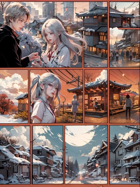 Comic storyboard:1.8, Comic strip, comic layouts, loving manga storyboard, story of loving couples, anime emoji themed pack, hyperHD, Japanese anime manga style, red background dark sky, 24K UHD.