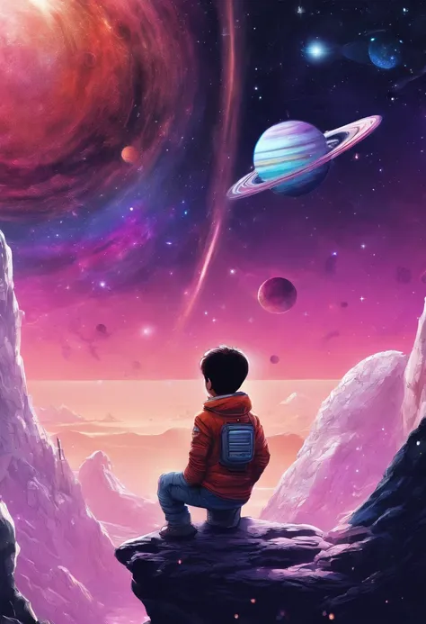 A boy sat alone on a large rock and looked at the Andromeda Galaxy in front of him blankly, a fantastic view of alien planets, bright rainbows and planets with rings in the sky.