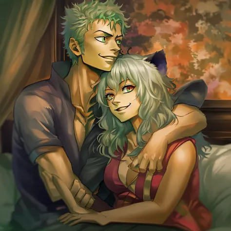 neferpitou,zoro,couple,husband and wife,love dovey couple,sitting,hug,kiss,smile,masterpiece:1.2,ultra-detailed,realistic:1.37,portraits,vivid colors,warm tones,soft lighting, one piene, hunterxhuntet, catgirl