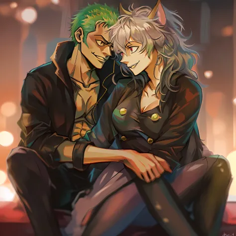 neferpitou,zoro,couple,husband and wife,love dovey couple,sitting,hug,kiss,smile,masterpiece:1.2,ultra-detailed,realistic:1.37,p...