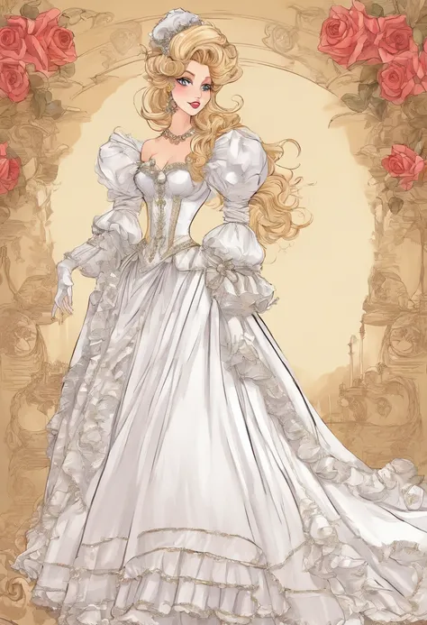 A stunningly beautiful blonde fairytale Princess shining with Royal Pomp and Regal Splendor, wearing a Stately and (((Elaborate))) Royal Cinderella Wedding Dress of Silver and White Brocade, with (((enormous puffed sleeves))) a stiffly boned, padded and co...