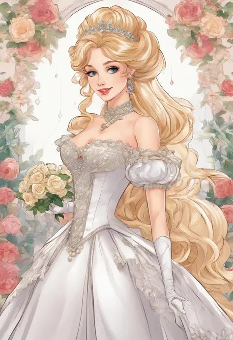 A stunningly beautiful blonde fairytale Princess shining with Royal Pomp and Regal Splendor, wearing a Stately and (((Elaborate))) Royal Cinderella Wedding Dress of Silver and White Brocade, with (((enormous puffed sleeves))) a stiffly boned, padded and co...