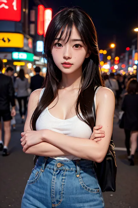 1girl, Tokyo street,night, cityscape,city lights, upper body,close-up, 8k, RAW photo, best quality, masterpiece,realistic, photo-realistic,