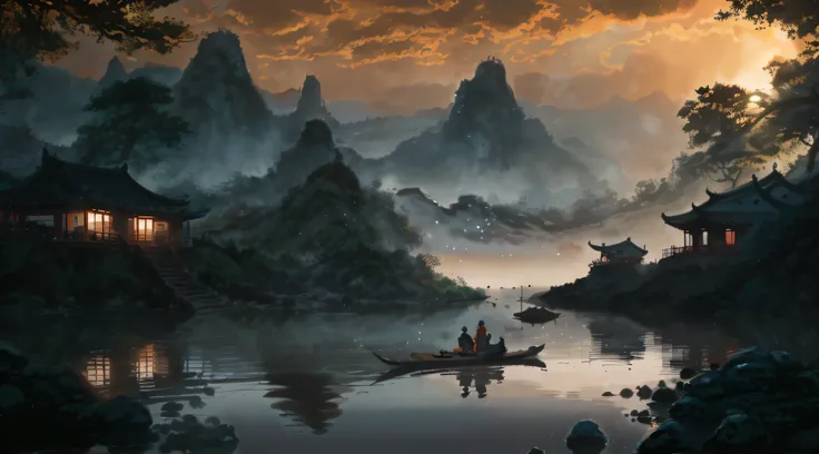 painting of a man and woman in a boat on a river, by Yang J, 4k highly detailed digital art, Detailed painting 4 K, inspired by Raphael Lacoste, 4k hd matte digital painting, Chinese landscape, Inspired by Fenghua Zhong, Detailed scenery —width 672, author...