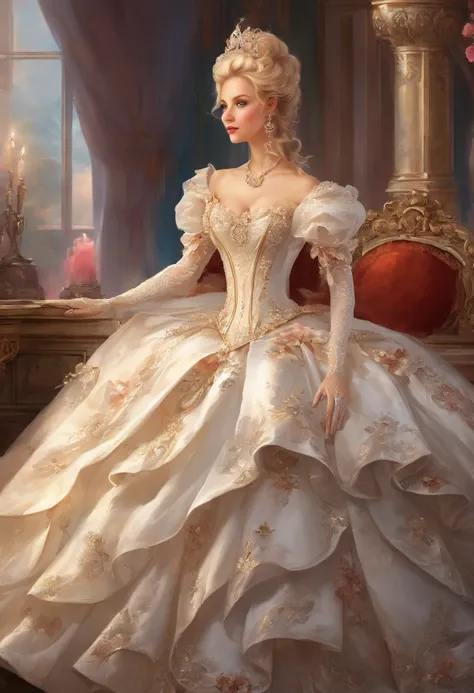 A stunningly beautiful blonde fairytale Princess shining with Royal Pomp and Regal Splendor, wearing a Stately and (((Elaborate))) Royal Cinderella Wedding Dress of Silver and White Brocade, with (((enormous puffed sleeves))) a stiffly boned, padded and co...