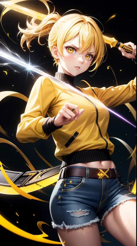 Woman, fight pose, Baddas stare,Hold a yellow sword with a yellow lightning emblem,  yellow short wispy Pixie hair, yellow eyes, yellow short shirt, black hotpants jeans, black Jacket sweater ,In the middle of the shirt there is an omega symbol,HD lighting...