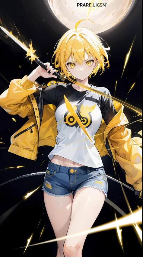 Woman, fight pose, Baddas stare,Hold a yellow sword with a yellow lightning emblem,  yellow short wispy Pixie hair, yellow eyes, yellow short shirt, black hotpants jeans, black Jacket sweater ,In the middle of the shirt there is an omega symbol,HD lighting...