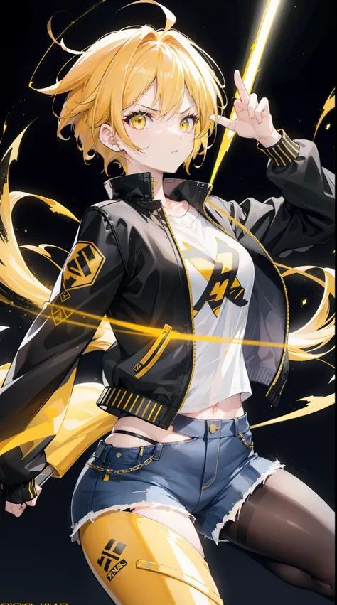 Woman, fight pose, Baddas stare,Hold a yellow sword with a yellow lightning emblem,  yellow short wispy Pixie hair, yellow eyes, yellow short shirt, black hotpants jeans, black Jacket sweater ,In the middle of the shirt there is an omega symbol,HD lighting...