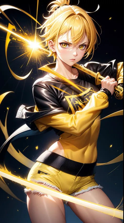 Woman, fight pose, Baddas stare,Hold a yellow sword with a yellow lightning emblem,  yellow short wispy Pixie hair, yellow eyes, yellow short shirt, black hotpants jeans, black Jacket sweater ,In the middle of the shirt there is an omega symbol,HD lighting...