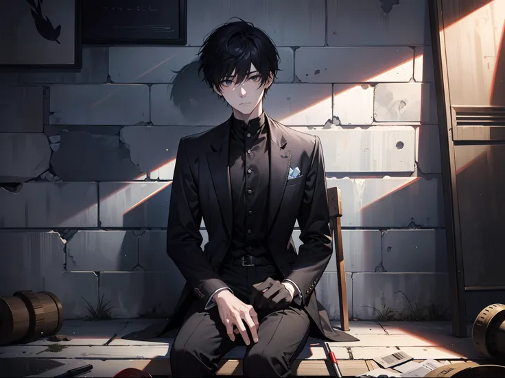 of a guy，with short black hair，Black clothes，Handsome looking，The expression is serious，sitting in a dark prison cell，The floor of the prison is covered with straw（Pipette 1.2），The walls are stone bricks，Old，super-fine，Describe the details in detail