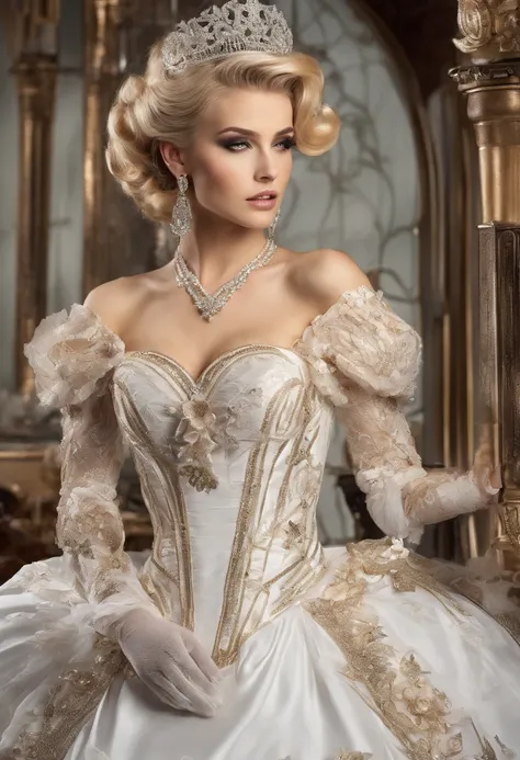 A stunningly beautiful blonde fairytale Princess shining with Royal Pomp and Regal Splendor, wearing a Stately and (((Elaborate))) Royal Cinderella Wedding Dress of Silver and White Brocade, with (((enormous puffed sleeves))) a stiffly boned, padded and co...