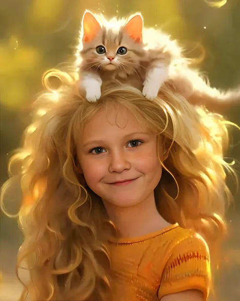 there's a little girl with a cat on her head, adorable digital painting, very beautiful cute catgirl, beautiful young girl with ...