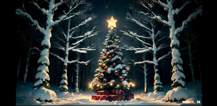 Decorated Christmas tree, Forest landscape, winter, Christmas atmosphere, deep evening, in the middle of the forest there is a tall beautiful decorated Christmas tree, forest animals around the tree, the tree is decorated with glowing balls, light reflecti...