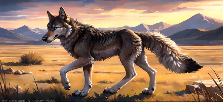 ((Solo)), Male, coyote, (Multi-colored fur, White-brown:1.3，White tail pointed), ((Wolf face, White hair, Big eyes, White eyelids, Blue pupil, Slim:1.2) (Tough, Calm expression:1.2)), Robust，Slim, pinging)), (Correct body anatomy), A big tail，Feet，Longer t...