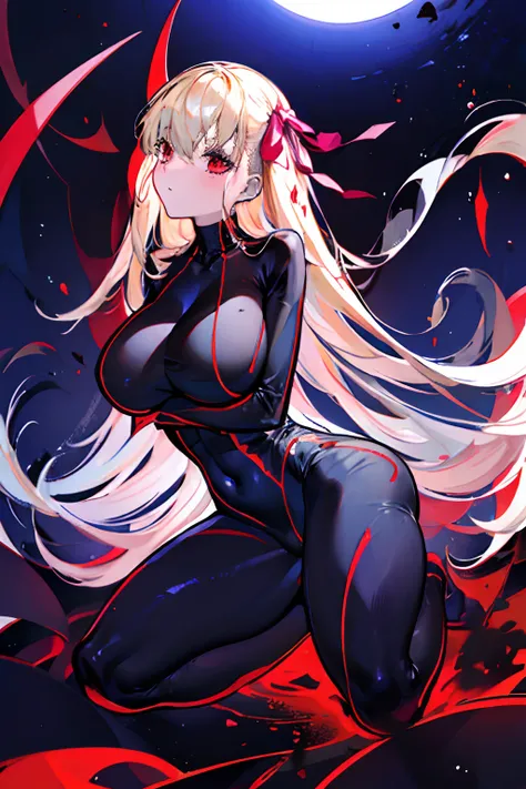 a blond　Black full body suit　Red lines all over the body　huge tit　Big ass　Whip thighs　Hollow eyes　succubus